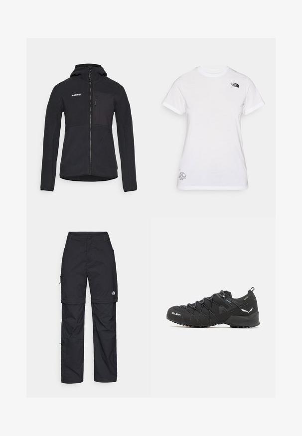 Giacca in fleece nera con cappuccio e zipper frontale, dotata di una tasca sul petto e una superficie liscia. Logo del marchio visibile sulla parte superiore sinistra.; T-shirt bianco in cotone con un logo nero sul lato sinistro del petto e un design grafico grigio in basso a destra. Collo rotondo classico e maniche corte.; Pantaloni cargo in nylon nero con zip rimovibile, polsini regolabili, molteplici tasche e un logo sulla gamba destra. Tessuto liscio e leggero.; Scarpe da trekking nere con tomaia in tessuto testurizzato, sistema di allacciatura e suola in gomma robusta. Accentuate da dettagli riflettenti e loghi.