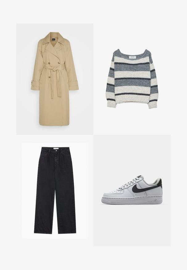 GAP ICON - Trench - khaki; Maglione lavorato a maglia con una vestibilità ampia, caratterizzato da righe orizzontali grigie e bianche. Tessuto morbido, scollatura ampia e polsini a coste.; Jeans in denim neri a vita alta, a gamba larga, con chiusura frontale a bottoni e zip, passanti per la cintura e stile a cinque tasche.; Sneaker bianco in pelle con dettagli grigi, punta rotonda, superficie testurizzata, colletto imbottito e logo swoosh nero a contrasto. Suola con air-cushion.