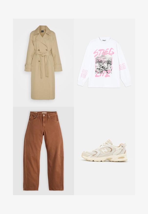 GAP Trenchcoat - khaki; Hvid langærmet t-shirt med grafisk tryk, der har sort-hvidt billede og pink tekst, herunder "STIEGLITZ" og gentagende sætninger på ærmerne.; Rustbrune straight-leg jeans med for- og baglommer, metalnitter, knaplukning og bæltestropper, lagt fladt på en hvid baggrund.; Beige atletik sko med mesh og syntetiske overlejringer, med en tekstureret overflade, polstret krave og "ABZORB" dæmpning ved hælen.