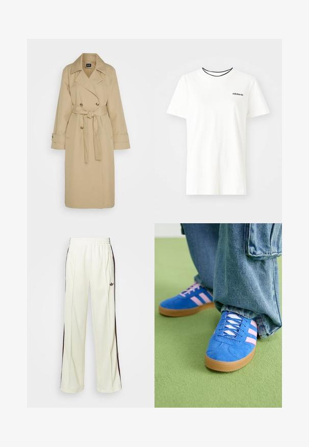 GAP Gabardina - khaki; Camiseta de algodón blanca con manga corta y escote redondo. Presenta un logo negro de Adidas en el pecho y un cuello interior negro en contraste.; Pantalones de chándal color crema con un corte relajado, que cuentan con rayas laterales marrón oscuro y un logo bordado en el muslo izquierdo.; Zapatos de gamuza azul con rayas rosas y cordones blancos, con una suela de goma, combinados con pantalones denim holgados sobre una superficie verde.