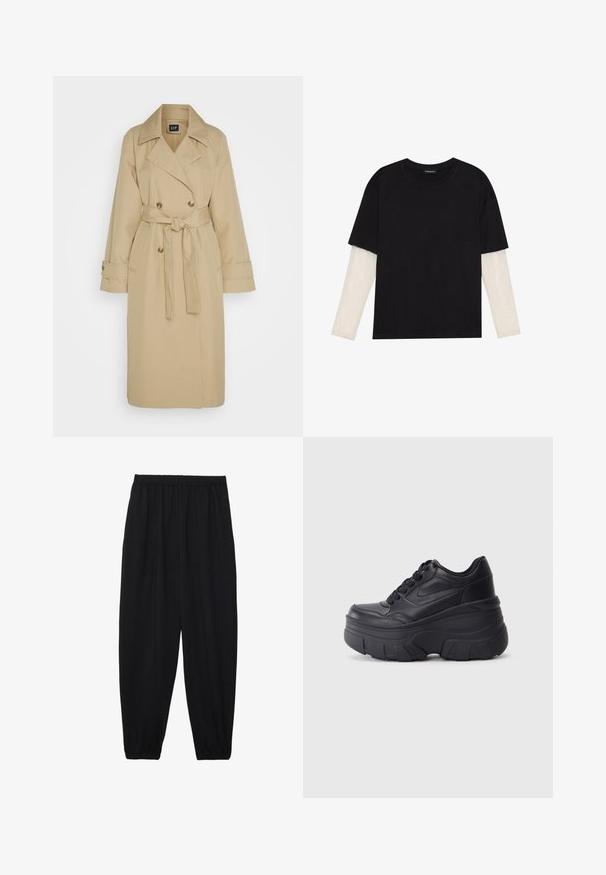 GAP Ballonkabát - khaki; Fekete pamut póló, rövid ujjal, fehér hosszú ujjú réteg fölött, finom textúrával. Kerek nyakkivágású dizájn.; Fekete, könnyű nadrág elasztikus derékkal és ráncolt bokákkal. Az anyag sima és laza, szűkített dizájnnal rendelkezik.; Fekete fűzős sportcipők vastag talppal, sima bőrből készült felső résszel, kerek orral és jellegzetes, réteges platform dizájnnal.