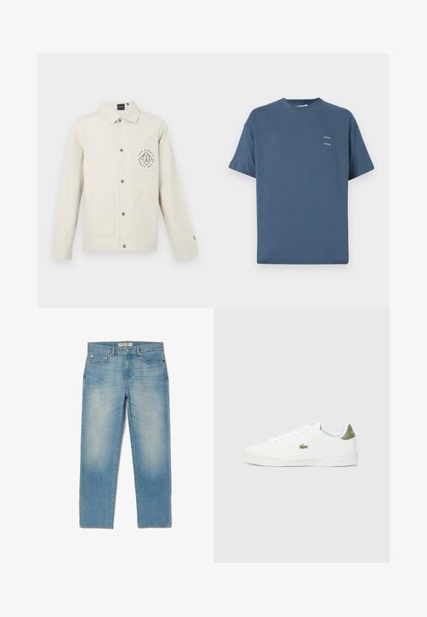 Light beige jacket made of cotton, featuring a button-up front, collar, and chest pocket with circular logo graphic. Two front pockets.; Blue cotton t-shirt with a classic crew neck, short sleeves, relaxed fit, and two small printed logos on the chest. Smooth texture.; Light blue denim jeans with a straight-leg design, five pockets, and a slightly faded wash. Features silver hardware and a branded waistband tag.; White sneakers with a smooth texture, featuring a green accent at the heel and a small embroidered crocodile logo on the side.