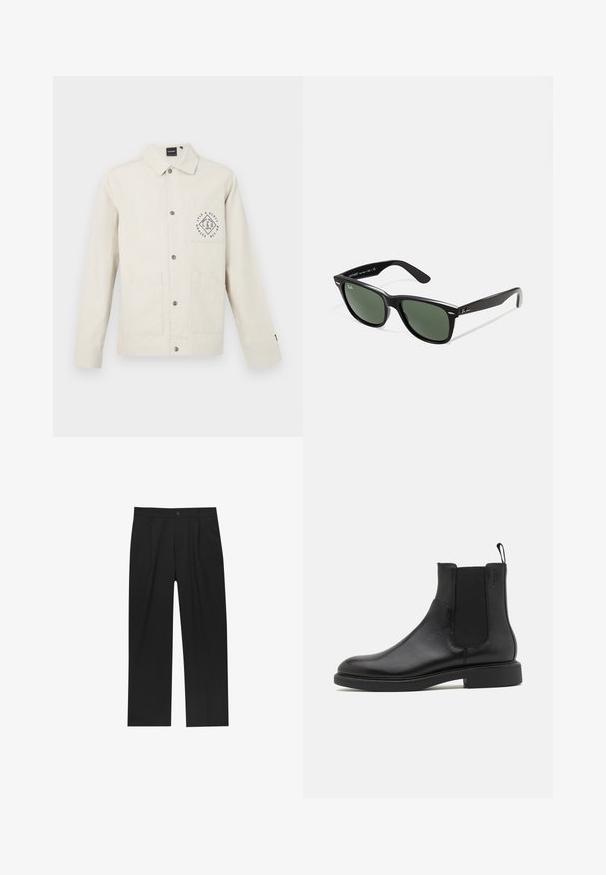 Light beige jacket made of cotton, featuring a button-up front, collar, and chest pocket with circular logo graphic. Two front pockets.; Maroon long-sleeve polo shirt with cream collar and cuffs, buttoned placket, and circular "Prohibited Berlin" logo on the left chest.; Black pants with a straight-leg design, made from a smooth fabric. Features front pleats and a single button closure at the waist.; Black leather ankle boot with smooth texture, elastic side panels, and a pull tab. Round toe and flat rubber sole with minimal tread.; Black plastic sunglasses with green lenses, square frames, silver accent on the brow, and textured temple arms. Stated brand on inner arm.