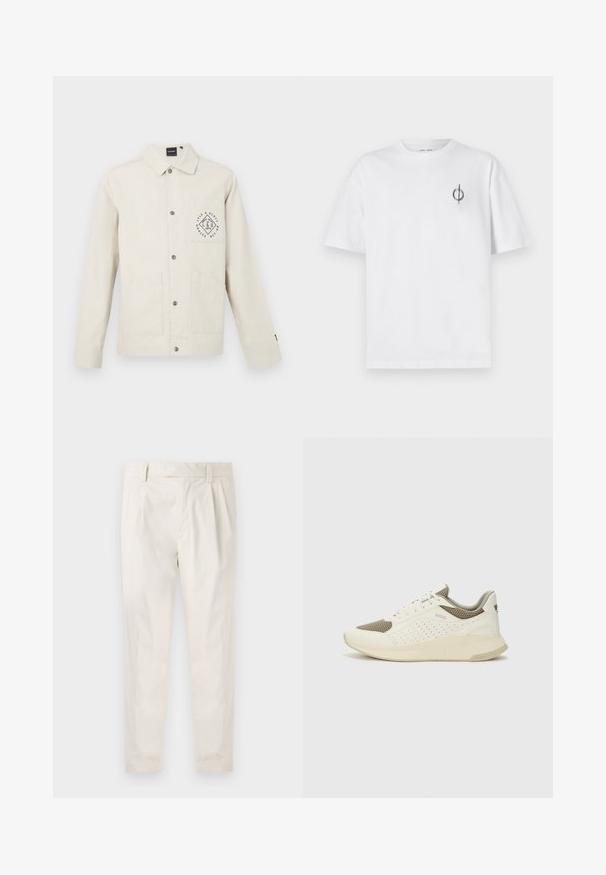 Veste beige clair en coton, dotée d'une fermeture à boutons, d'un col et d'une poche poitrine avec un motif circulaire en logo. Deux poches avant.; T-shirt en coton blanc avec une coupe décontractée, présentant un petit logo graphique noir sur le côté gauche de la poitrine. Manches courtes, col rond.; Pantalons blancs plissés avec une coupe ajustée, dotés d'une texture lisse, de passants de ceinture et de jambes fuselées. Pas de poches visibles ni de motifs.; Basket de sport blanche et beige clair, avec une tige en maille, des détails perforés et une semelle intermédiaire texturée avec un logo sur le talon.