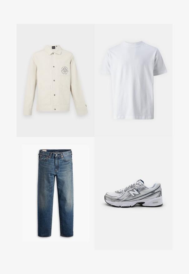 Jachetă bej deschisă din bumbac, cu închidere butonată în față, guler și buzunar pe piept cu grafic logo circular. Două buzunare frontale.; Tricou alb cu mânecă scurtă, confecționat din bumbac, cu decolteu în formă de cerc și o textură netedă, cu croială dreaptă și fără modele.; Jeanși din denim albastru, drept, cu un design clasic cu cinci buzunare, închidere cu nasturi și o ușoară decolorare pe coapse și genunchi.; Pantofii sport New Balance, cu un exterior din plasă, predominant alba cu accente gri și bleumarin, având o talpă cu amortizare și detalii texturate.