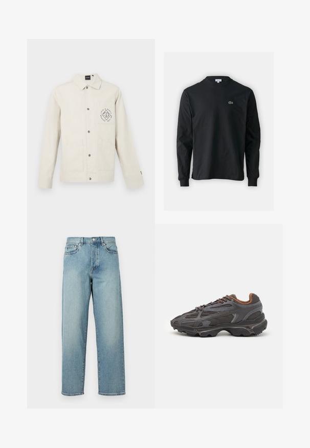 Jasnobeżowa kurtka wykonana z bawełny, z zapięciem na guziki z przodu, kołnierzem oraz kieszonką na piersi z okrągłym logo graficznym. Dwie kieszenie z przodu.; Czarna koszulka z długim rękawem, wykonana z bawełny, z okrągłym dekoltem i małym haftowanym logo krokodyla w kolorze zielonym po lewej stronie klatki piersiowej.; Jasnoniebieskie dżinsy o luźnym kroju, proste nogawki, pięć kieszeni i zapięcie na guzik w talii. Minimalistyczne detale w szwie.; Sneakers Lacoste w ciemnoszarym kolorze, wykonane z siateczki i materiału syntetycznego, z teksturowaną podeszwą oraz brązowymi akcentami na kołnierzu i logotypie.