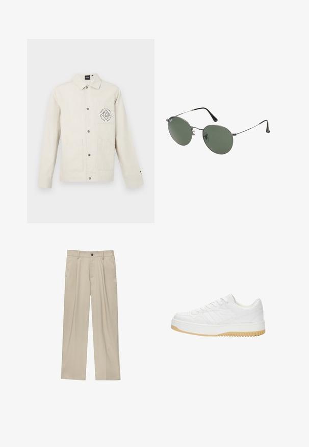Lichtbeige jack van katoen, met een knopenlijn aan de voorkant, kraag en borstzak met een ronde logoafbeelding. Twee voorkruispo pockets.; Witte polo shirt van katoen, met een klassieke kraag, korte mouwen en een klein marineblauw logo op de linkerbovenkant. Placket met twee knopen.; Beige broek met een rechte snit, voorzien van een enkele zwarte knoop, riemlussen en zijzakken. Glad stoffen textuur en een minimalistisch ontwerp.; Witte leren sneaker met een gematteerde afwerking, met een rubberen zool, vetersluiting en subtiele streepaccenten aan de zijkanten.; Metalen zonnebril met ovale groene lenzen. Dunne zilveren metalen rand en zwarte oorstoppers. Minimalistisch ontwerp, zonder zichtbare logo's.