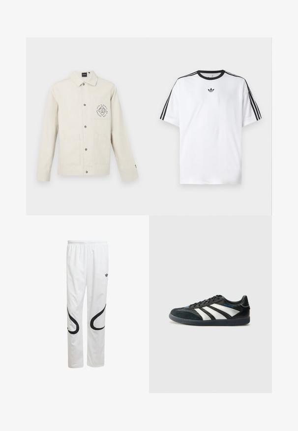 Šviesiai ruda medvilninė striukė su mygtukų uždarymu, apykakle ir krūtine kišene, kurioje pavaizduotas apvalus logotipas. Dvi priekinės kišenės.; Balta medvilninė marškinėlių su juodu apvali kaklu, ant kiekvieno peties iš trijų juodų juostelių. Mažas juodas logotipas ant krūtinės.; Balti sportiniai kelnes su lygiu paviršiumi, turinčios juodas kreivas detales šonuose ir juodą logotipą prie liemens.; adidas Performance PREDATOR FREESTYLE JUDE INDOOR FOOTBALL SHOES - Salės futbolo bateliai - core black/silver-coloured/glory blue