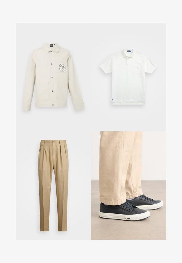 Svetlosivý béžový kabát z bavlny, s gombíkovým zapínaním, golierom a náprsním vreckom s kruhovým logom. Dve predné vrecká.; Biela polo tričko vyrobené z bavlny, s klasickým golierom, trojbuttonovou légou a vreckom na ľavej hrudi; malé logo na spodnom leme.; Bežové ľanové nohavice so strihaním do rovna, so 'dvoma prednými záhybmi, s gombíkovým zapínaním a bočnými vreckami. Textúrovaná látka s hladkým povrchom.; Tmavomodré tenisky s hladkým koženým zvrškom, bielou gumovou podrážkou a podrobným šnurovaním. V kombinácii s béžovými, voľne strihanými nohavicami.