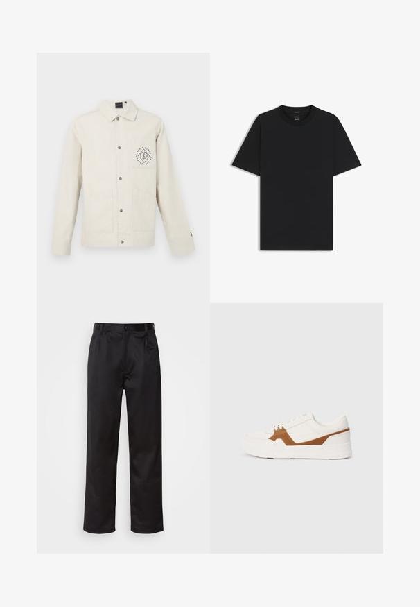 Lys beige jakke lavet af bomuld, med knapper foran, krave og brystlomme med cirkulært logo. To forlommer.; Sort kortærmet T-shirt lavet af en glat bomuldsblanding, med en rund halsudskæring og et minimalistisk design uden mønstre eller accenter.; Sorte bukser lavet af glat stof, med frontknaplukning, pressefolder og lige ben. Ingen synlige mønstre eller accenter.; Hvide sneakers med brune suede accenter, der har en tekstureret finish, rund tå, tyk sål og traditionelt snørebåndsdesign.