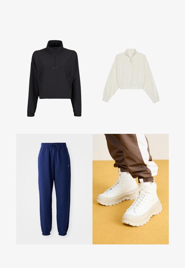 Mustade lühikeste varrukatega pullover-jakk kõrge krae, pool-kinnitus ja kaks külgmist lukuga taskut. Sile, kerge kangas mattviimistlusega.; Kreemfarbenest lühikese varrukaga kudum, millel on kõrge kaelus, pool tõmblukk, elastne allosa ja varrukad, sile tekstuur ja minimaalne disain.; Tumesinine dressipluus, mis on valmistatud pehmest kangast, elastse vöökoha ja nööriga, elastsete mansettide ning väikese valge logoga.; Valged kõrged tossud koos raske, tekstureeritud tallaga, sujuva ülaosa, ümmarguse varbaga ja tonaalsete nööpidega, kollase tausta ees.