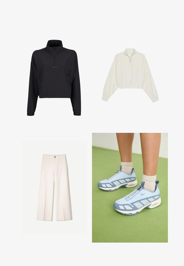 Fekete, rövidített pulóverdzseki magas gallérral, félig cipzárral és két oldalsó cipzáras zsebbel. Sima, könnyű anyag matt felülettel.; Krém színű, rövidített pulóver, magas gallérral, félig cipzáros záródással, elasztikus derék- és ujjakrésszel, sima textúrával és minimalista dizájnnal.; Tejbézs széles lábú nadrág, szabott kialakítással, két elülső zsebbel és egyetlen elülső gombos záródással, sima anyagból készült.; Világoskék sportcipők fehér díszítéssel, texturált panelek és cipzáras záródás. Jellemzője a látható légpárnás talp és a gumitalp.