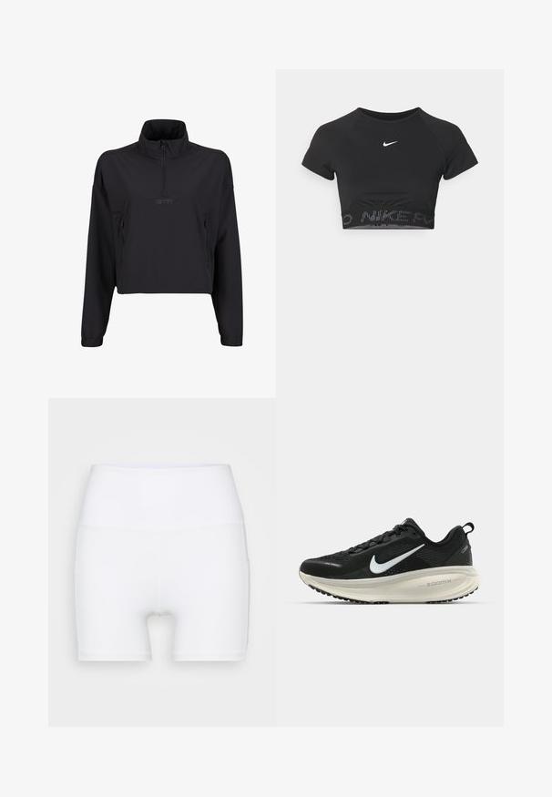 Schwarze, kurz geschnittene Pulloverjacke mit hohem Kragen, halbem Reißverschluss und zwei seitlichen Reißverschlusstaschen. Glattes, leichtes Material mit matter Oberfläche.; Schwarzes, kurzes Sportoberteil mit kurzen Ärmeln, das ein weißes Nike-Logo und einen strukturierten Bund mit dem Muster "NIKE" am Saum aufweist.; Weiße, hochtaillierte Shorts aus dehnbarem Stoff. Sie verfügen über eine glatte Textur und eine figurbetonte Passform, ohne zusätzliche Muster oder Hardware.; Schwarzer Nike-Laufschuh mit atmungsaktivem Mesh-Obermaterial, weißem Swoosh-Logo, strukturierten Details und einer cremefarbenen ZoomX-Zwischensohle.
