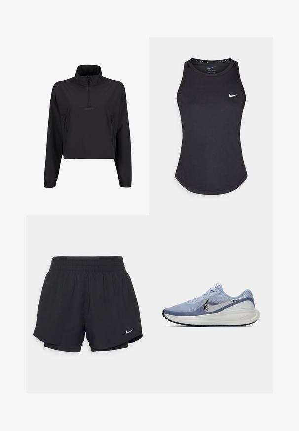 Sort cropped pullover jakke med høj krave, halv lynlås og to sidelommer med lynlås. Glat, letvægtsstof med mat finish.; Sort atletisk tanktop fremstillet af svedtransporterende materiale. Har en rund halsudskæring, tætsiddende pasform og hvidt Nike-logo på brystet.; Sorte atletiske shorts med en samlet elastisk talje, indvendig foring og hvidt Nike-logo nederst til venstre. Glat, letvægtsstof.; Lysblå og hvid Nike løbesko med sølv swoosh, åndbart mesh-overdel, polstret sål og sort yttersålsmønster.