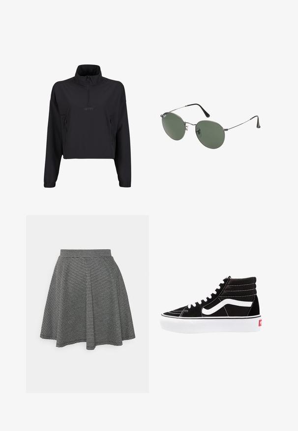 Jachetă neagră, scurtă, cu guler înalt, închidere cu fermoar la jumătate și două buzunare laterale cu fermoar. Material neted, ușor, cu finisaj mate.; Top scurt ribbed negru, cu decolteu rotund și fără mâneci. Fabricat dintr-un material moale și elastic, având margini finisate.; Fustă de tip skater în carouri alb-negru, cu un waistband ajustat și o margine evazată, realizată dintr-un material texturat care afișează un model clasic.; Tenisi negri cu glezna înaltă, cu șireturi albe, un logo alb și cusături albe contrastante. Prezintă o talpă groasă albă și un exterior din nubuc texturat.; Ochelari de soare cu ramă metalică, dotati cu lentile ovale verzi. Ramă subțire din metal argintiu și ușițe negre. Design minimalist, fără logo-uri vizibile.