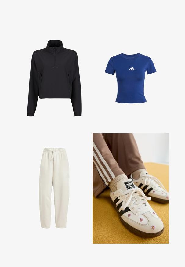 Černá zkrácená mikina s vysokým límcem, polovičním zipem a dvěma bočními zipovými kapsami. Hladká, lehká tkanina s matným povrchem.; Modré bavlněné tričko s krátkým rukávem, na hrudi s bílým logem Adidas a kontrastními bílými postranními panely.; Světlé béžové tepláky vyrobené z měkké látky, s elastickým pasem na šňůrku a decentním logem na boku.; Bílé kožené tenisky se třemi černými pruhy a květinovou výšivkou v purpurové a žluté barvě. Hnědá gumová podrážka. Spárované s béžovými žebrovanými ponožkami.