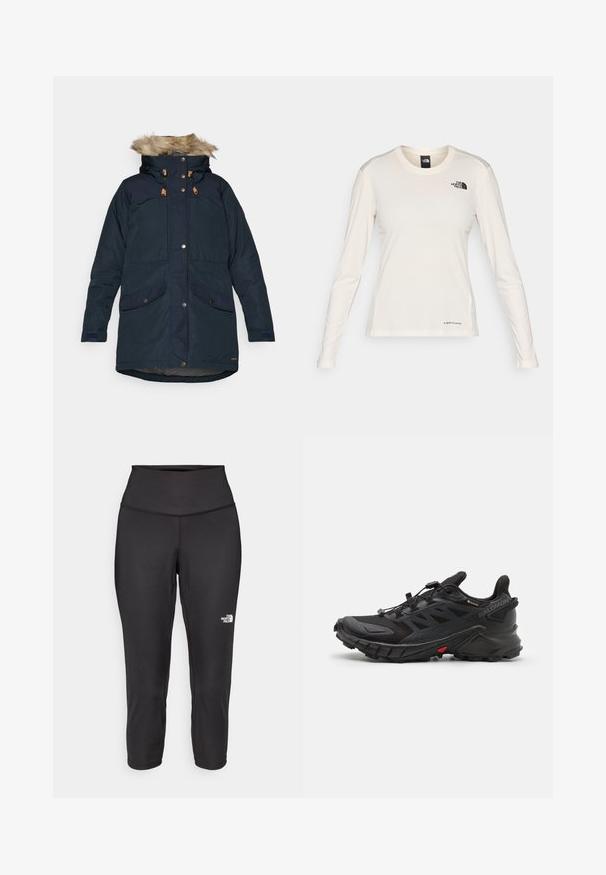 Fjällräven SINGI DOWN JACKET W - Dunfrakker - dark navy; The North Face SHADOW LONG SLEEVE - Langærmet T-shirt - white dune; Sorte capri leggings lavet af strækbart stof, med en høj talje og et lille hvidt logo på venstre side. Glat tekstur.; Sorte atletik sko med en tekstureret overdel, der har et sikkert snøresystem, en polstret sål og en iøjnefaldende rød detalje på siden.