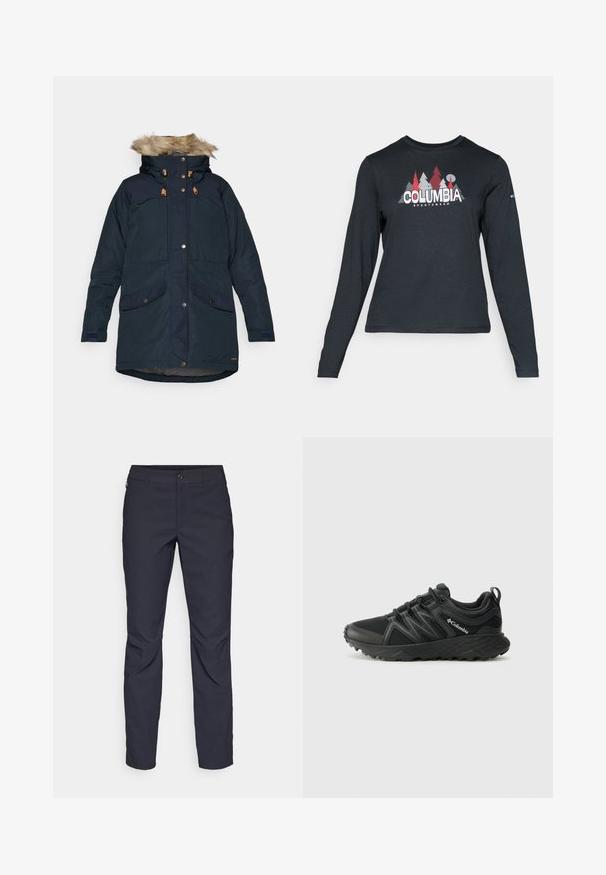 Fjällräven SINGI DOWN JACKET W - Casaco de penas - dark navy; Camisa de mangas longas cinza escuro com um gráfico de árvores vermelhas e montanhas; logótipo "COLUMBIA" em texto branco em negrito. Tecido suave, cuello redondo padrão.; Calças azul-marinho feitas de tecido liso, com fecho frontal em botão, design slim-fit e detalhes pregueados nos joelhos.; Columbia PEAKFREAK - Sapatos de caminhada - black