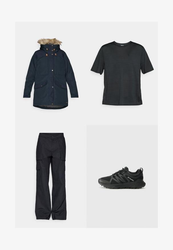 Fjällräven SINGI DOWN JACKET W - Manteau en duvet - dark navy; T-shirt de sport noir à manches courtes en tissu léger et respirant. Il dispose d'un col rond et d'un petit logo sur la poitrine.; Columbia BREA FALLS™ COTTON RIPSTOP PANT - Pantalons outdoor - black; Columbia PEAKFREAK - Chaussures de marche - black
