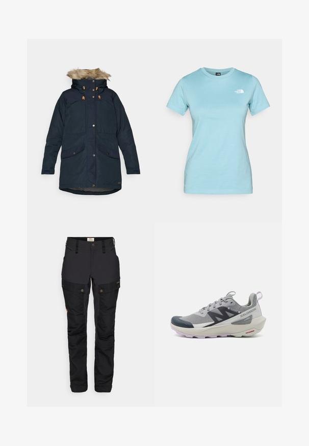 Fjällräven SINGI DOWN JACKET W - Puhovka – plašč - dark navy; Svjetloplava pamučna majica s kratkim rukavima i okruglim izrezom; sadrži mali bijeli logo na gornjem lijevom dijelu grudi.; Črne zunanje hlače z trpežno teksturo, opremljene s cargo žepi, nastavljivim pasom in gumbi za zapiranje, zasnovane za funkcionalnost in udobje.; Salomon teka za tek v sivi in mornarsko modri barvi ima zračen mrežast zgornji del, gumijasto kapico za prste in teksturiran podplat z lila akcenti.