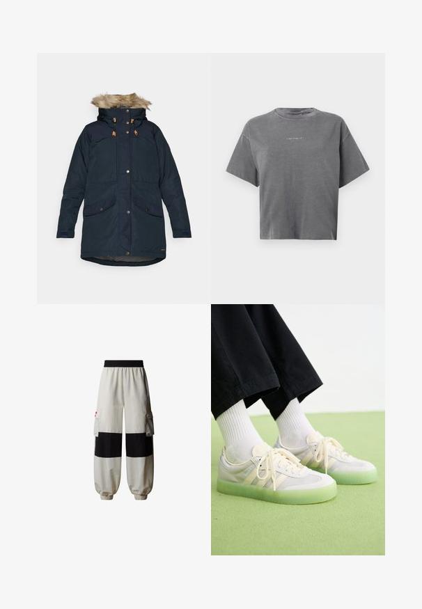 Fjällräven SINGI DOWN JACKET W - Daunenmantel - dark navy; Graues kurzärmliges Cropped-T-Shirt mit Rundhalsausschnitt und kleinem, zentrierten weißen "Carhartt"-Logo auf der Vorderseite.; The North Face HIMALAYAN - Cargohose - white dune tnf black; Helle Sneakers mit Obermaterial aus Wildleder und Mesh, ausgestattet mit drei seitlichen Streifen, flachen Schnürsenkeln und einer durchsichtigen grünen Gummisohle.