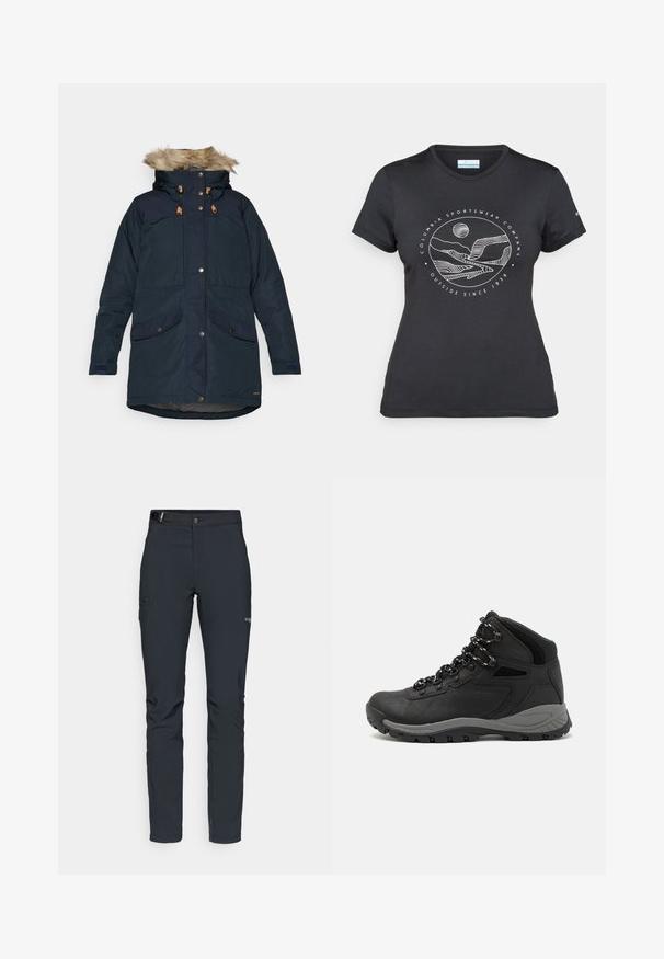 Fjällräven SINGI DOWN JACKET W - Sulemantel - dark navy; Musternine Columbia T-särk mustas värvuses, millel on valge ümmargune mägi ja jõe joonistus ning tekst "Columbia Sportswear Company Outside Since 1938."; Meeste välkpüksid, tumehallid, valmistatud paindlikest materjalidest, vöökohaga, tõmblukuga taskud ja tugevdatud õmblused.; Mustarjaline matkasaabas, millel on keskmine disain, tekstuuriga ülemine osa, hallid aktsendid ja vastupidav kummist põhi, millel on haardelugesid.