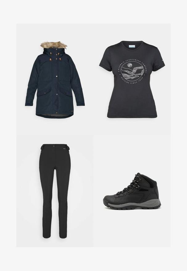 Fjällräven SINGI DOWN JACKET W - Dunfrakker - dark navy; Sort Columbia t-shirt med hvid cirkulær bjerg- og flodlinjekunst samt teksten "Columbia Sportswear Company Udenfor Siden 1938."; Sorte, tætsiddende bukser lavet af et fleksibelt materiale. Funktioner inkluderer en lynlåslomme i siden, artikulerede knæ og en glat tekstur.; Sort vandrestøvle med en mellem-højde design, der har en tekstureret overdel, grå detaljer og en holdbar gummisål med skridsikre klodser.