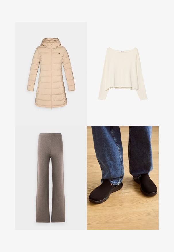 Giacca puffa di un beige chiaro con cappuccio. Presenta polsini a coste, chiusura frontale con zip e un logo triangolare sul lato sinistro del petto. Texture liscia.; Felpa a maniche lunghe cropped di un beige chiaro, con un ampio scollo e un tessuto morbido e strutturato. Presenta una vestibilità rilassata e squadrata.; Pantaloni larghi marroni realizzati in tessuto morbido. Presentano una vita elasticizzata a coste e una silhouette dritta, senza tasche né rifiniture notevoli.; Scarpe slip-on nere con tomaia in rete testurizzata e suola imbottita, abbinate a jeans in denim azzurro morbidi su un pavimento in legno.