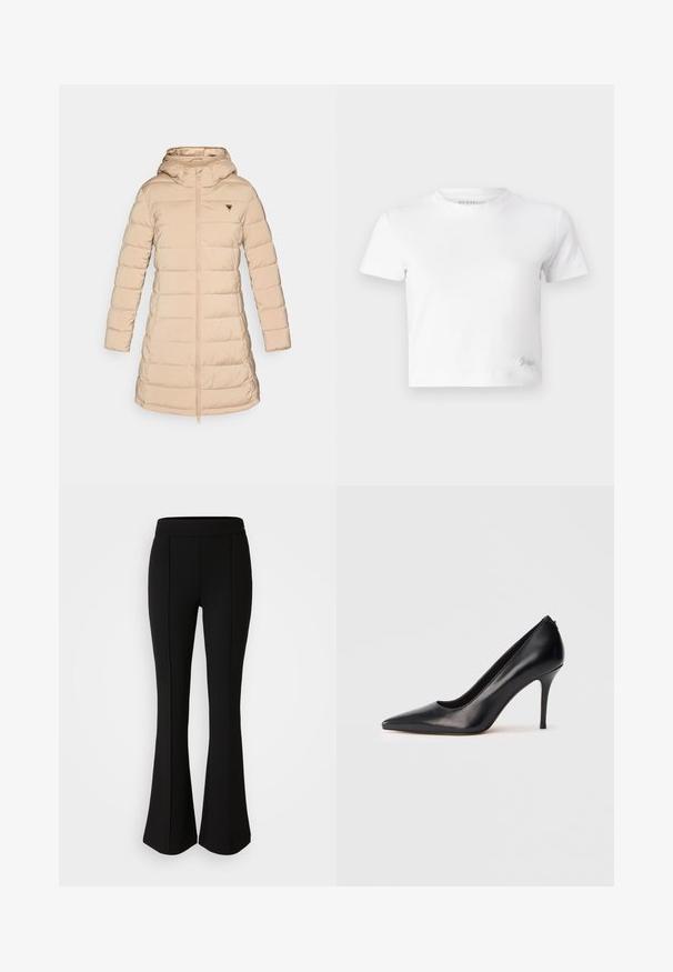 Pufferjack in licht beige met een capuchon. Voorzien van ribgebreide manchetten, een ritssluiting aan de voorkant en een driehoekig logo op de linkerborst. Soepele textuur.; Witte cropped t-shirt van zacht katoen, met een hoge hals en korte mouwen. Klein geborduurd logo in de onderhoek.; Zwarte flared broek gemaakt van een rekbaar materiaal met een gladde textuur, met naaddetails aan de voorkant voor extra ontwerp.; Zwarte leren pump met hoge hak en spitse neus, met een gladde textuur en een strak ontwerp. Voorzien van een slanke, hoge hak en een laag uitgesneden voorkant.
