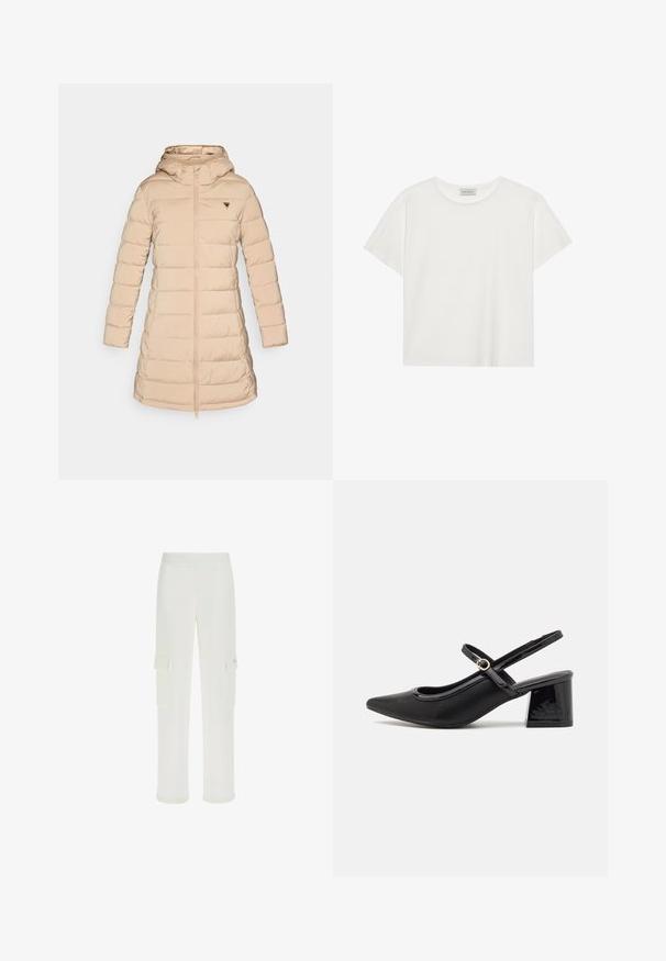 Pufferjack in licht beige met een capuchon. Voorzien van ribgebreide manchetten, een ritssluiting aan de voorkant en een driehoekig logo op de linkerborst. Soepele textuur.; Witte T-shirt met korte mouwen, gemaakt van zachte katoen. Heeft een ronde halslijn en een relaxte pasvorm. Schoon ontwerp zonder zichtbare patronen of accenten.; Witte cargobroek van gladde stof, met twee voorzakken met klep en een elastische tailleband voor comfort. Rechte pijpdesign.; Zwarte gepolijste leren slingback hakken met een spitse neus, een ronde uitsnede en een blokhak. Voorzien van een gouden gespaccent.