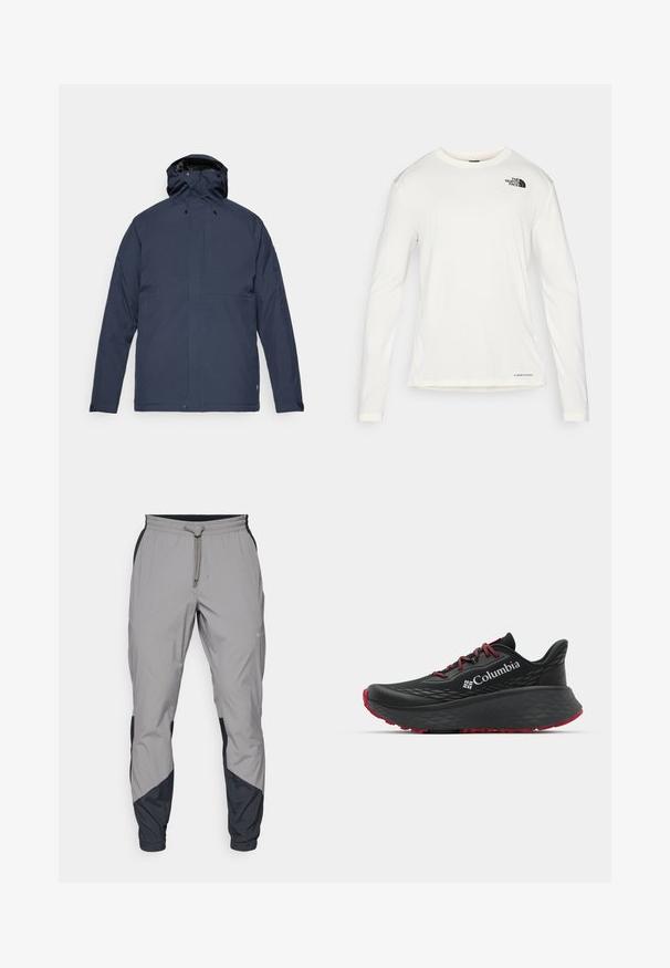 Fjällräven HC HYDRATIC PADDED TRAIL JKT M - Winter jacket - dark navy; White long-sleeve shirt with a round neck, textured fabric, black logo on the left shoulder, and subtle branding at the bottom.; Lightweight, gray athletic pants with black accents. Elastic waistband, drawstring closure, tapered leg design, and side pockets.; Black athletic shoe with textured upper, red laces, and logo. Thick sole with patterned tread for traction. Minimalist design, side view.