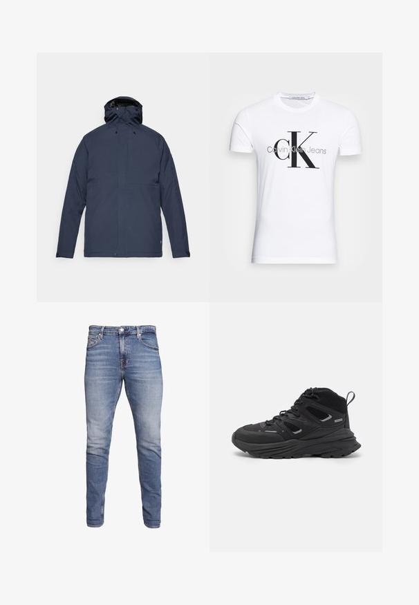 Fjällräven HC HYDRATIC PADDED TRAIL JKT M - Chaqueta de invierno - dark navy; Camiseta de algodón blanca con un logo negro "CK" y el texto "Calvin Klein Jeans", manga corta y un clásico escote redondo.; Vaqueros ajustados azules con cinco bolsillos, lavado desgastado, cierre de botón y presillas para cinturón, exhibidos sobre un fondo blanco.; Botas de senderismo negras con un diseño estratificado, tejido texturizado y suela de goma, con áreas reforzadas y cordones en la parte delantera.