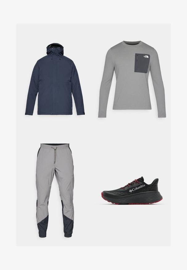 Fjällräven HC HYDRATIC PADDED TRAIL JKT M - Zimná bunda - dark navy; Dlhý rukáv šedá košeľa s textúrovanou tkaninou, s tmavošedou náprsní kapsou a zipsom. Logo na kapse v bielej farbe.; Ľahké, šedé športové nohavice s čiernymi akcentmi. Elastický pás, sťahovanie pomocou šnúrky, zúžený strih nohavíc a bočné vrecká.; Čierna športová obuv s textúrovaným zvrškom, červenými šnúrkami a logom. Hrubá podrážka s vzorovaným dezénom pre trakciu. Minimalistický dizajn, bočný pohľad.