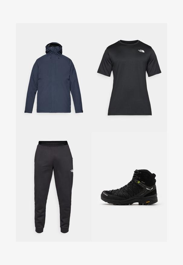 Fjällräven HC HYDRATIC PADDED TRAIL JKT M - Vinterjakker - dark navy; Sort kortærmet t-shirt lavet af letvægts, fugttransporterende materiale. Har et hvidt logo på venstre bryst og en rund halsudskæring.; Sorte træningsbukser lavet af glat stof, med et tapered design, elastisk talje og logo-detalje på højre ben.; Sort vandrestøvle med struktureret overdel, forstærket tå og Vibram-sål. Snøresystemet inkluderer kroge for en sikker pasform.