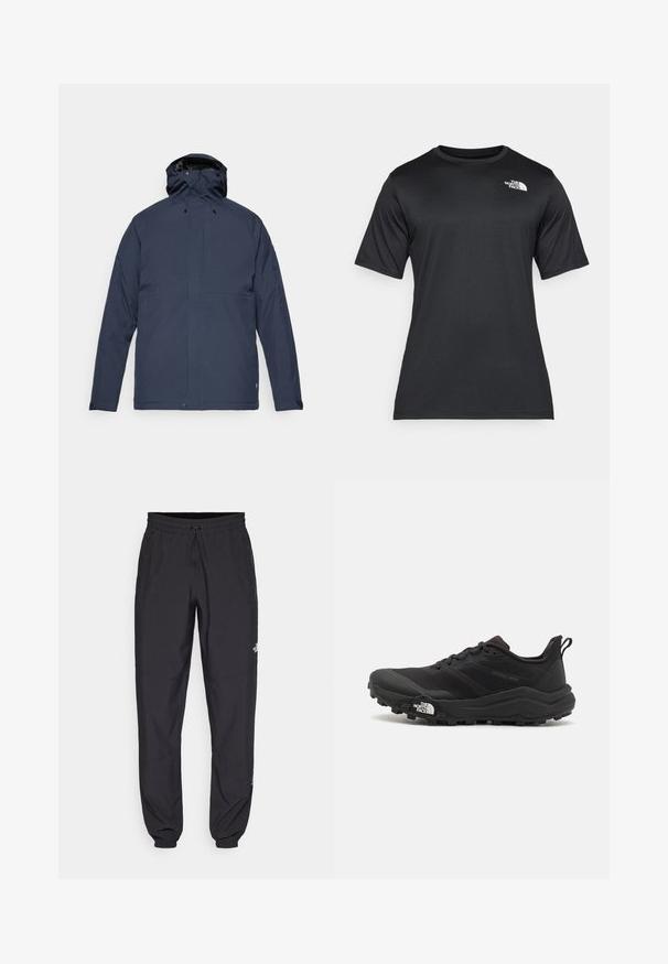 Fjällräven HC HYDRATIC PADDED TRAIL JKT M - Casaco de inverno - dark navy; Camiseta preta de manga curta feita de um tecido leve e que absorve a umidade. Apresenta um logo branco no lado esquerdo do peito e um decote redondo.; Calças atléticas pretas feitas de tecido leve, com um cós ajustável por cordão, bolsos laterais e punhos afunilados nos tornozelos.; Sapatilha de trail running preta com um upper texturizado, sola de borracha e biqueira reforçada. Possui um colarinho acolchoado e uma alça para facilitar o calçar.