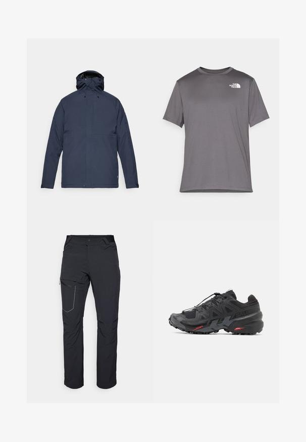 Fjällräven HC HYDRATIC PADDED TRAIL JKT M - Ziemas jaka - dark navy; Pelēks īso piedurknu sporta T-krekls, kas izgatavots no gludas, vieglas auduma. Iekļauj baltu logotipu kreisajā krūtīs. Apaļas kakla dizains.; Melni āra bikses ar rāvējslēdzēja sānu kabatu, elastīgu jostasvietu un gludu, ūdensizturīgu audumu. Tīra dizaina bez redzamām emblēmām.; Melni sporta apavi ar sintētisku augšdaļu, teksturētu dizainu un kontrastējošām sarkaniem akcentiem. Aprīkoti ar drošu šņorēšanas sistēmu un izturīgu zoli.