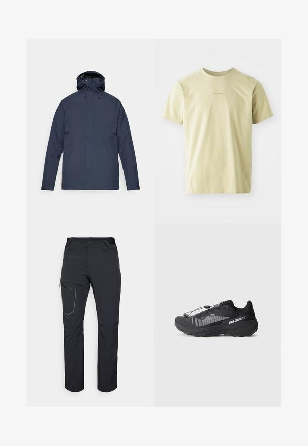 Fjällräven HC HYDRATIC PADDED TRAIL JKT M - Jachetă de iarnă - dark navy; Salomon TRACKLINE TEE - Bluză sport - gray green; Pantaloni negri de exterior cu buzunar pe coapsă cu fermoar, talie elastică și material neted, rezistent la apă. Design curat, fără logouri vizibile.; Pantofii negri pentru alergare pe teren accidentat au un design din plasă texturată, accente reflective, talpă căptușită și un sistem de șiret elastic. Logo pe lateral.