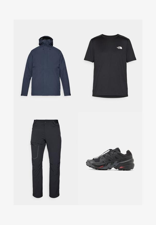 Fjällräven HC HYDRATIC PADDED TRAIL JKT M - Zimska jakna - dark navy; Crna majica kratkih rukava izrađena od lagane tkanine. Ima mali bijeli logo na lijevoj strani grudi i suptilne naglaske na ramenima.; Crne vanjske hlače s patentnim zatvaračem na butu, elastičnim pojasom i glatkim, vodootpornim materijalom. Čist dizajn bez vidljivih logotipa.; Crne trkaće tenisice s sintetičkom gornjom stijenkom, teksturiranim dizajnom i kontrastnim crvenim detaljima. Imaju sustav vezanja za sigurno uklapanje i robustnu potplat.