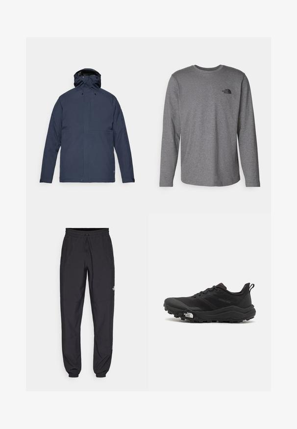 Fjällräven HC HYDRATIC PADDED TRAIL JKT M - Winter jacket - dark navy; The North Face M L/S SIMPLE DOME TEE - Long sleeved top - medium grey heather; Black athletic pants made from lightweight fabric, featuring a drawstring waistband, side pockets, and tapered cuffs at the ankles.; Black trail running shoe with a textured upper, rubber sole, and reinforced toe cap. Features a padded collar and pull tab for easy wear.