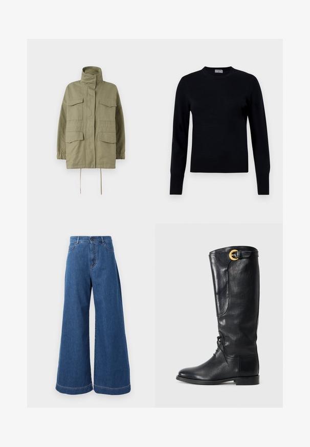 Weekend Max Mara BASTIA - Lehká bunda - sage green; Černý pletený svetr s kulatým výstřihem a dlouhými rukávy. Má hladkou texturu a žebrované manžety, což zajišťuje klasický střih a design.; Džíny s širokými nohavicemi v středně modrém denimu, s vysokým pasem, předními kapsami a kontrastním šitím podél švů a lemů.; Černé kožené vysoké boty po kolena s kulatou špičkou, šněrováním v přední části, bočním detailem a zlatou přezkou na vrchu. Hladký povrch.