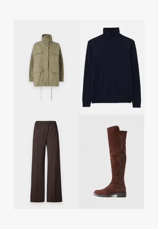 Weekend Max Mara BASTIA - Summer jacket - sage green; Navy turtleneck sweater with long sleeves, made from soft knit fabric. Features ribbed collar and cuffs, with a simple design and no patterns.; Wide-leg trousers in dark brown fabric with an elastic waistband, featuring a smooth texture and clean lines for a tailored look.; Tall brown suede and fabric boot with low black heel and rounded toe, shown in side view on plain white background.