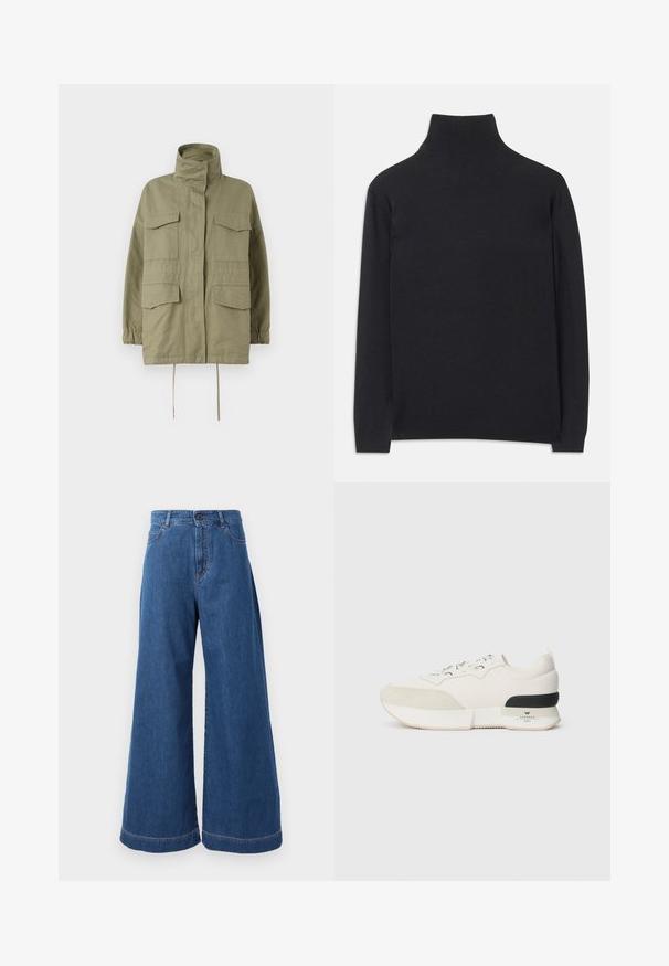 WEEKEND MaxMara BASTIA - Ljetna jakna - sage green; Crna rolka izrađena od mekanog materijala. Ima duge rukave, visoki ovratnik te rebraste rukave i donji rub za prilagodljiv izgled.; Široke traperice u srednje plavoj denim boji, s visokim strukom, prednjim džepovima i kontrasnim šavovima duž šavova i rubova.; Bijela tenisica s teksturiranim nubuk prednjim dijelom, glatkim mrežastim gornjim dijelom, dekorativnim vezicama i crnim gumiranim akcentom na peti.