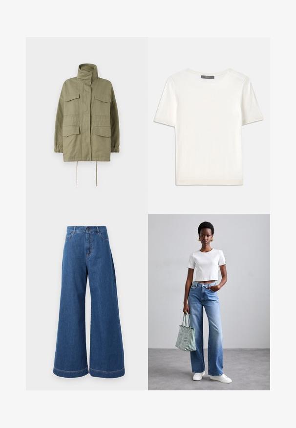 WEEKEND MaxMara BASTIA zielony; Biała krótki rękaw dzianinowa bluzka z okrągłym dekoltem, charakteryzująca się gładką teksturą i subtelnymi prążkowanymi akcentami na rękawach oraz u dołu.; Dżinsy o szerokich nogawkach w średnio niebieskim denimu, z wysokim stanem, przednimi kieszeniami oraz kontrastowym przeszyciem wzdłuż szwów i brzegów.; Biała, prążkowana, krótka koszulka, jasnoniebieskie, szerokie dżinsy i białe sneakersy. Trzyma zielono-białą torbę w paski.