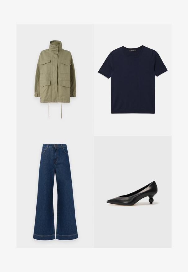 WEEKEND MaxMara BASTIA - Giacca leggera - sage green; T-shirt a maniche corte blu navy realizzato in tessuto morbido, con scollatura rotonda e bordi a costine, texture liscia e senza motivi visibili.; Jeans in denim blu a gamba larga con vita alta, dotati di chiusura a bottone, passanti per cintura e dettagli di cucitura sottili lungo le tasche e i orli.; Scarpa con tacco alto in pelle nera, con punta affilata e tacco arrotondato e bombato. Texture liscia con un design elegante e minimalista.