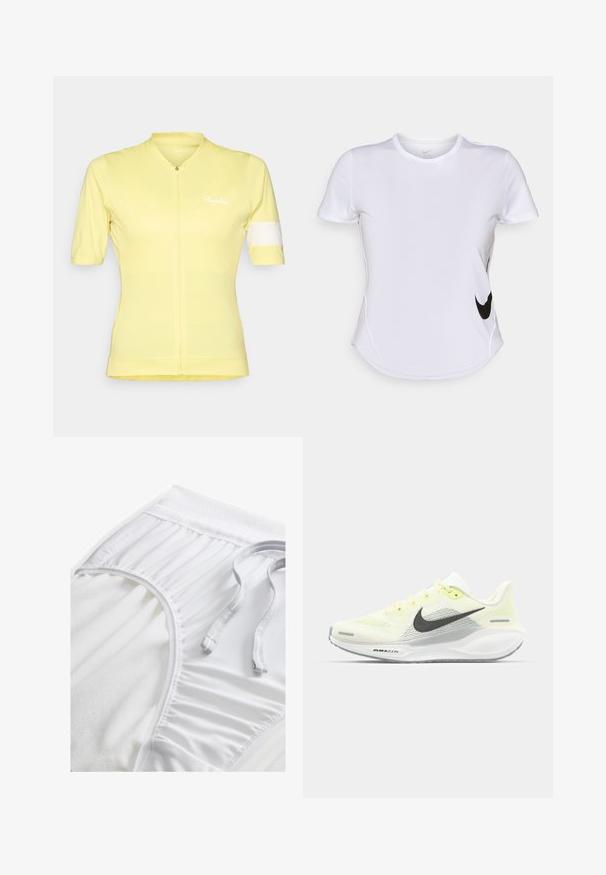Żółta koszulka do jazdy na rowerze z krótkim rękawem, zapinana na zamek z przodu, z białym akcentem na lewym rękawie. Wykonana z lekkiego, oddychającego materiału.; Biała koszulka sportowa z krótkim rękawem, uszyta z gładkiego materiału, z czarnym logo Nike po lewej stronie i zaokrąglonym dołem.; Białe sportowe szorty z teksturowanym pasem, detalami z boku i płaskim sznurkiem do regulacji. Miękka tkanina o gładkim wykończeniu.; Biegi Nike z lekką żółtą i białą siateczką cholewy, szarymi akcentami i elastyczną gumową podeszwą. Posiada klasyczne sznurowanie.