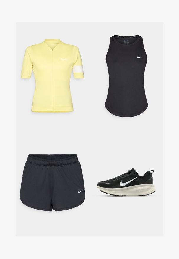 Gul sykkeltopp med korte ermer, glidelås foran og hvit detalj på venstre arm. Laget av lett og pustende stoff.; Svart atletisk tanktopp laget av fukttransporterende materiale. Har rund hals, slim fit og hvit Nike-logo på brystet.; Svarte treningsshorts laget av lett, pustende stoff. Har elastisk linning og hvit Nike-logo nederst til høyre.; Svart Nike løpesko med pustende mesh-overdel, hvit swoosh-logo, teksturert detaljer og en kremfarget ZoomX mellomsåle.