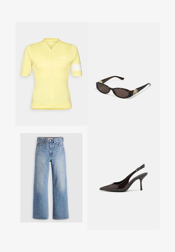 Jersey de ciclismo amarillo con mangas cortas, cierre de cremallera en la parte delantera y acento blanco en el brazo izquierdo. Hecho de un tejido ligero y transpirable.; Top blanco sin mangas con tirantes ajustables, diseño ajustado, textura de tela suave y escote redondo. Sin patrones ni detalles de hardware.; Pantalones vaqueros de mezclilla de corte ancho en azul claro, con cintura alta, zonas desteñidas, cinco bolsillos y costuras en contraste. Cierre clásico con botón y cremallera.; Zapato de tacón alto tipo slingback en piel sintética brillante de color marrón oscuro, con punta afilada, laterales abiertos y correa ajustable en el tobillo.; Gafas de sol carey con lentes ovalados alargados, tintado marrón, acentos de logo dorado en las patillas y brazos negros elegantes.; Pendientes en forma de espiral dorada con respaldo transparente, que presentan acentos dorados texturizados y pequeñas piedras preciosas claras incrustadas en el diseño.