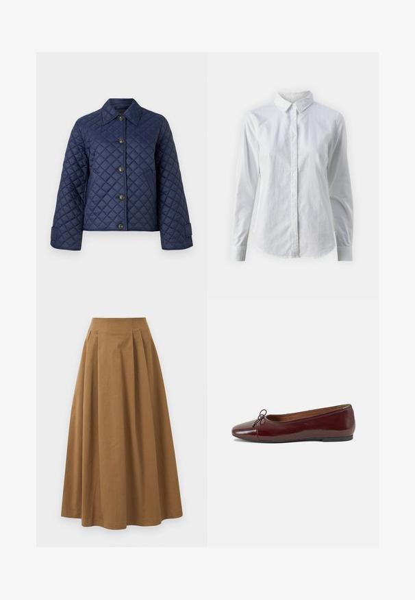 Tumed sinine tikitud jakk, millel on krae, kaheksa nööpiga ees ja laiad varrukad, esitlemisel ühtlase valge tausta ees.; Valge nööpidega särk, mis on valmistatud siledast puuvillast. Särgil on klassikaline krae, pikad varrukad ja kaarduv äär. Nöödid on väikesed ja valged.; Pruun puuvillane A-line seelik kõrge vöökohaga, millel on voldid ees ja sile tekstuur. Pika serva viimistlus on puhas ja lihtne.; Burgundi patendnahk kingad balletitüüpi, ümmarguse ninaosa, ees väike paelaaktsent ja madal must kummist tald. Sile tekstuur.