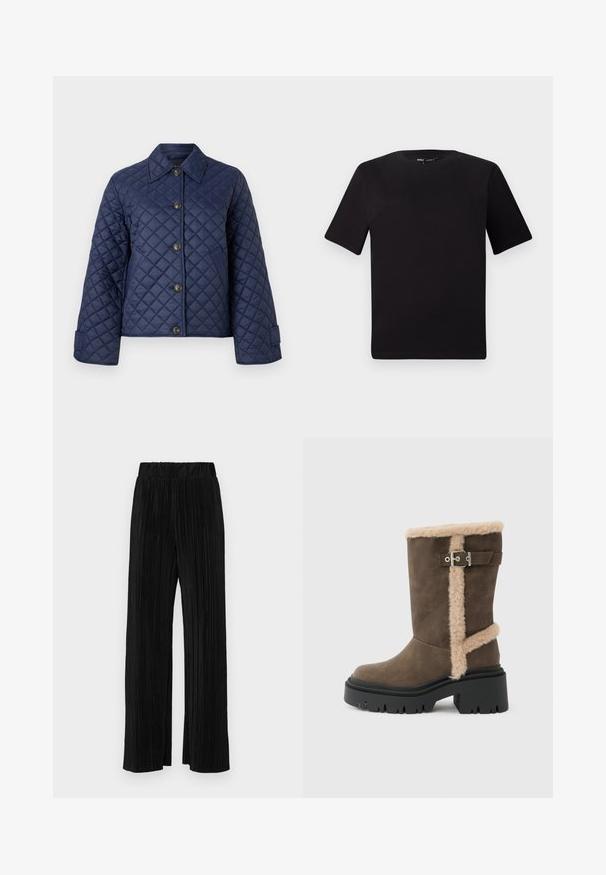 Marineblå quiltet jakke med krage, åtte knapper foran og brede ermer, vist mot en enkel hvit bakgrunn.; Svart t-skjorte med korte ermer og rund hals, laget av mykt bomullsstoff. Enkelt design, ingen synlige logoer eller mønstre.; Sorte plisserte bukser med elastisk midje. Har vide ben og et glatt, strukturert stoff med vertikale striper.; Brun semsket ankelstøvel med beige pelskant, med en sølvfarget spenne og en kraftig svart såle med tykt mønster.