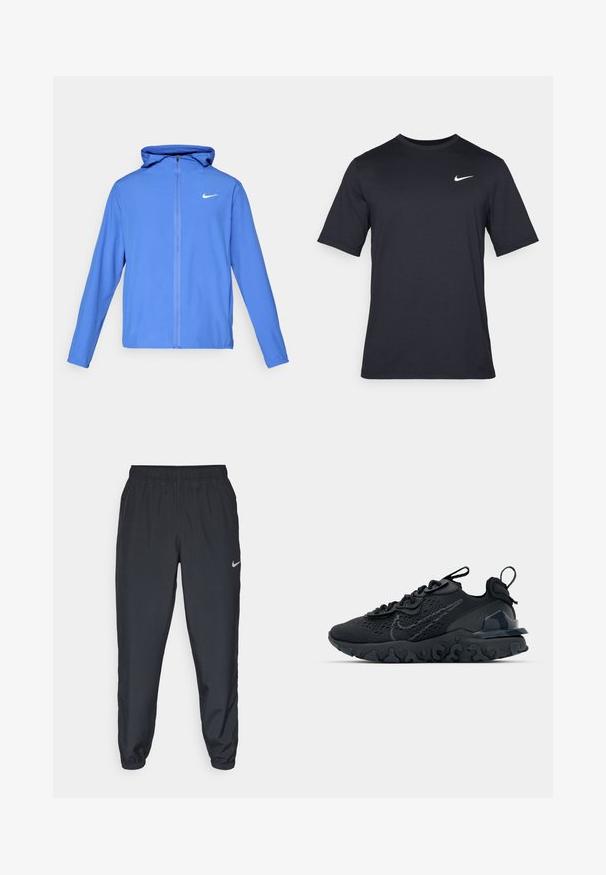 Blue athletic jacket with a hood, made from lightweight fabric. Features a white Nike logo on the left chest and a full front zipper.; Black short-sleeve Nike t-shirt made of smooth fabric, featuring a white swoosh logo on the upper left side, crew neckline.; Black track pants made from lightweight fabric with an elastic waistband, ankle cuffs, and a discreet Nike logo on the left side.; Black athletic shoe with a breathable mesh upper, textured accents, and a wavy rubber sole. Features reflective logo and lacing system.